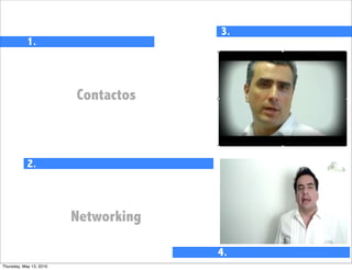 3.
            1.


                                           Monitoreo
                         Contactos



            2.


                                           Tiempo de
                         Networking        Respuesta
                                      4.
Thursday, May 13, 2010
 