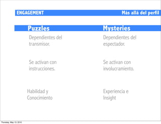 ENGAGEMENT                           Más allá del perfil


                         Puzzles            Mysteries
                         Dependientes del   Dependientes del
                         transmisor.        espectador.


                         Se activan con     Se activan con
                         instrucciones.     involucramiento.



                         Habilidad y        Experiencia e
                         Conocimiento       Insight



Thursday, May 13, 2010
 