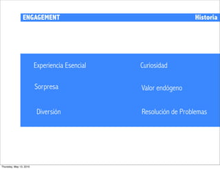 ENGAGEMENT                                        Historia




                         Experiencia Esencial   Curiosidad

                         Sorpresa               Valor endógeno


                          Diversión             Resolución de Problemas




Thursday, May 13, 2010
 