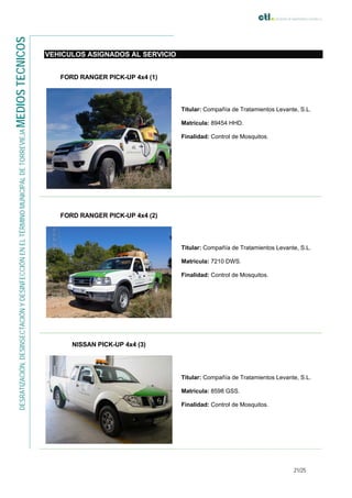 21/25
DESRATIZACIÓN,DESINSECTACIÓNYDESINFECCIÓNENELTÉRMINOMUNICIPALDETORREVIEJAMEDIOSTECNICOS
VEHICULOS ASIGNADOS AL SERVICIO
FORD RANGER PICK-UP 4x4 (1)
Titular: Compañía de Tratamientos Levante, S.L.
Matricula: 89454 HHD.
Finalidad: Control de Mosquitos.
FORD RANGER PICK-UP 4x4 (2)
Titular: Compañía de Tratamientos Levante, S.L.
Matricula: 7210 DWS.
Finalidad: Control de Mosquitos.
NISSAN PICK-UP 4x4 (3)
Titular: Compañía de Tratamientos Levante, S.L.
Matricula: 8598 GSS.
Finalidad: Control de Mosquitos.
 