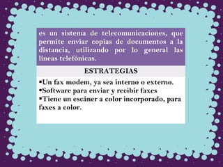 es un sistema de telecomunicaciones, que
permite enviar copias de documentos a la
distancia, utilizando por lo general las
líneas telefónicas.
ESTRATEGIAS
Un fax modem, ya sea interno o externo.
Software para enviar y recibir faxes
Tiene un escáner a color incorporado, para
faxes a color.
 