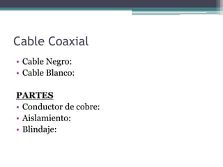 Cable Coaxial
• Cable Negro:
• Cable Blanco:
PARTES
• Conductor de cobre:
• Aislamiento:
• Blindaje:
 