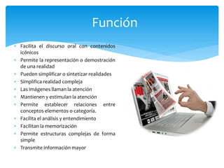  Facilita el discurso oral con contenidos
icónicos
 Permite la representación o demostración
de una realidad
 Pueden simplificar o sintetizar realidades
 Simplifica realidad compleja
 Las imágenes llaman la atención
 Mantienen y estimulan la atención
 Permite establecer relaciones entre
conceptos elementos o categoría.
 Facilita el análisis y entendimiento
 Facilitan la memorización
 Permite estructuras complejas de forma
simple
 Transmite información mayor
Función
 