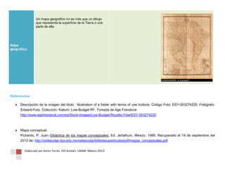Un mapa geográfico no es más que un dibujo
                 que representa la superficie de la Tierra o una
                 parte de ella




Mapa
geográfico




Referencias:

      Descripción de la imágen del título : Illustration of a folder with terms of use buttons. Código Foto: ESY-003274220. Fotógrafo:
       Edward-Foto. Colección: Kalium. Low-Budget RF. Tomada de Age Fotostock:
       http://www.agefotostock.com/es/Stock-Images/Low-Budget-Royalty-Free/ESY-003274220



      Mapa conceptual:
       Pichardo, P. Juan.-Didáctica de los mapas conceptuales, Ed. Jertalhum, México, 1999. Recuperado el 19 de septiembre del
       2012 de: http://redescolar.ilce.edu.mx/redescolar/biblioteca/articulos/pdf/mapas_conceptuales.pdf

         Elaborado por Karen Torres. FES Acatlán. UNAM- México 2012l
 