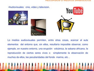 RECURSOS O MEDIOS SIMBOLICOS

•Audiovisuales: cine, video y television.




Lo medios audiovisuales permiten, entre otras cosas, acercar al aula
elementos del entorno que, sin ellos, resultaría imposible observar, como
ejemplo, en nuestro entorno, una erupción volcánica, la sabana africana, la
reproducción de ciertos seres vivos o       simplemente la observación de
muchos de ellos, las peculiaridades del fondo marino, etc. .
 
