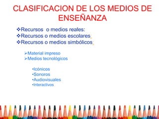 CLASIFICACION DE LOS MEDIOS DE
          ENSEÑANZA
Recursos o medios reales:
Recursos o medios escolares:
Recursos o medios simbólicos:

   Material impreso
   Medios tecnológicos

      •Icónicos
      •Sonoros
      •Audiovisuales
      •Interactivos
 