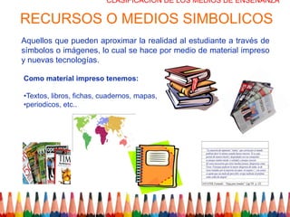 CLASIFICACION DE LOS MEDIOS DE ENSEÑANZA

RECURSOS O MEDIOS SIMBOLICOS
Aquellos que pueden aproximar la realidad al estudiante a través de
símbolos o imágenes, lo cual se hace por medio de material impreso
y nuevas tecnologías.

Como material impreso tenemos:

•Textos, libros, fichas, cuadernos, mapas,
•periodicos, etc..
 