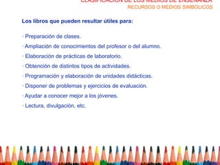 CLASIFICACION DE LOS MEDIOS DE ENSEÑANZA
                                             RECURSOS O MEDIOS SIMBOLICOS

Los libros que pueden resultar útiles para:

· Preparación de clases.
· Ampliación de conocimientos del profesor o del alumno.
· Elaboración de prácticas de laboratorio.
· Obtención de distintos tipos de actividades.
· Programación y elaboración de unidades didácticas.
· Disponer de problemas y ejercicios de evaluación.
· Ayudar a conocer mejor a los jóvenes.
· Lectura, divulgación, etc.
 