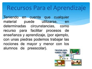 Recursos Para el Aprendizaje 
Teniendo en cuenta que cualquier 
material puede utilizarse, en 
determinadas circunstancias, como 
recurso para facilitar procesos de 
enseñanza y aprendizaje, (por ejemplo, 
con unas piedras podemos trabajar las 
nociones de mayor y menor con los 
alumnos de preescolar). aspectos o 
pensamientos predominantes los cuales 
permiten a través de la investigación 
resolver problemas o conflictos. 
 