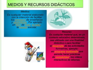Medios:
Es cualquier material elaborado
con la intención de facilitar
los procesos de enseñanza
y aprendizaje. Por ejemplo
un libro de texto, la radio,
la prensa escolar.
Recurso:
Es cualquier material que, en un
contexto educativo determinado,
sea utilizado con una finalidad
didáctica o para facilitar
el desarrollo de las actividades
formativas, ejemplo:
un programa multimedia que
permite hacer prácticas
de contabilidad, los videos
interactivos de idiomas.
MEDIOS Y RECURSOS DIDÁCTICOS
 