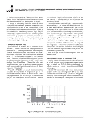 Sellitto, M. A.; Borchardt, M.; Pereira, G. M. Medição de tempo de atravessamento e inventário em processo em manufatura controlada por
ordens de fabricação. Produção, v. 18, n. 3, p. 493-507, 2008
504
e o pulmão seria [11,05 x 0,84] = 9,3 equipamentos. O valor
reduziu, porque antes protegeu-se o maior intervalo obser-
vado, e agora protege-se 95% dos intervalos de entrada.
A análise foi baseada nos intervalos simples de tempo,
sem considerar a quantidade que entrou antes do intervalo.
Por exemplo, uma entrada de dois equipamentos, seguida
de cinco dias sem entradas, é diferente de uma entrada de
oito equipamentos seguida pelos mesmos cinco dias. No
segundo caso, o mesmo intervalo entre entradas produziu
um inventário médio maior no período entre entradas. Por-
tanto, para o cálculo de inventários, este intervalo deve ter
uma ponderação maior do que o primeiro. A ponderação de
intervalos é remetida à continuidade.
5.3 empo de espera em ﬁlas
Pela diversidade de produtos, não há um tempo-padrão
unificado. A empresa considera um tempo-padrão médio
ponderado de 25 horas de processamento. Portanto, para o
tempo de atravessamento médio ponderado de 30,62 dias, e
oito horas de trabalho por dia, tem-se um tempo percentual
de fila TF% = 1 – [(25/8)dias/(30,62dias)] = 89,8%. Para ve-
rificar a correlação entre a quantidade da ordem e o tempo
de atravessamento das ordens, obteve-se R2
= 0,0098 entre
as coluna Qtde e TL da Tabela 1. O baixo valor indica que o
tamanho da ordem pouco afeta o tempo de atravessamento,
que é, por conseqüência, dominado pelo tempo de fila, re-
forçando o TF% calculado.
Wiendahl (1995) relata seis casos de fila em manufaturas
fabricantes de componentes de máquinas em que os TF%
variam de 85% a 96% do tempo de atravessamento. Sellitto
(2005) apresenta um caso em fabricação de ferramentas em
que, para um tempo-padrão médio de 3,5 dias, a manufa-
tura ostenta um tempo de atravessamento médio de 45 dias
(TF% = 92,2%). O valor percentual do caso ora estudado está
próximo dos relatos.
Em um dos casos de Wiendahl (1995), o prazo unificado é
de 60 dias, mas cerca de 70% das ordens eram entregues fora
do prazo. Mesmo assim, a gestão acreditava que a entrega
era satisfatória. No caso presente, cerca de 50% das ordens
foram entregues fora do prazo, mas a gestão não entende o
atraso como preocupante, pois, em média, o prazo unificado
é cumprido. É possível que tal percepção seja devida a que
a gestão trate o tempo de atravessamento pela média, não
como grandeza aleatória.
No caso apresentado em Sellitto (2005), a manufatura
carregava um inventário médio suficiente para cinqüenta
dias de operação e o maior período sem entrada foi de de-
zoito dias. No caso presente, o inventário médio carregado
é suficiente para trinta e quatro dias e o maior período sem
entradas foi de quatorze dias.
Conclui-se que o caso ora estudado pouco difere dos
casos referidos.
5.4 Implicações do uso do método em TBC
Finaliza-seadiscussãoexaminandoasimplicaçõesdouso
do método proposto como apoio a uma estratégia de manu-
fatura formulada para TBC. Os objetivos de discussão são:
reduzir o tempo até a entrega e aumentar a confiabilidade
das entregas.
Plossl (1985) apresenta um ciclo vicioso em manufatura
que pode ocorrer quando se compete em TBC: (i) se as entre-
gas têm baixa confiabilidade; e (ii) as ordens são antecipadas;
então (iii) a liberação antecipada aumenta o inventário; e (iv)
as filas ficam maiores; logo (v) os tempos de atravessamento
Figura 4: Histograma dos intervalos entre chegadas.
079-093 (493-507).indd 504079-093 (493-507).indd 504 12/11/2008 11:14:1012/11/2008 11:14:10
 
