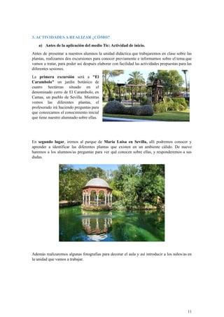 3. ACTIVIDADES A REALIZAR ¿CÓMO?
a) Antes de la aplicación del medio Tic: Actividad de inicio.
Antes de presentar a nuestros alumnos la unidad didáctica que trabajaremos en clase sobre las
plantas, realizamos dos excursiones para conocer previamente e informarnos sobre el tema que
vamos a tratar, para poder así después elaborar con facilidad las actividades propuestas para las
diferentes sesiones.
La primera excursión será a "El
Carambolo" un jardín botánico de
cuatro hectáreas situado en el
denominado cerro de El Carambolo, en
Camas, un pueblo de Sevilla. Mientras
vemos las diferentes plantas, el
profesorado irá haciendo preguntas para
que conozcamos el conocimiento inicial
que tiene nuestro alumnado sobre ellas.
En segundo lugar, iremos al parque de Maria Luisa en Sevilla, allí podremos conocer y
aprender a identificar las diferentes plantas que existen en un ambiente cálido. De nuevo
haremos a los alumnos/as preguntas para ver qué conocen sobre ellas, y responderemos a sus
dudas.
Además realizaremos algunas fotografías para decorar el aula y así introducir a los niños/as en
la unidad que vamos a trabajar.
11
 