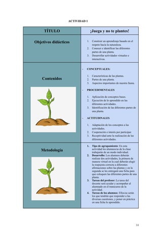 ACTIVIDAD 1
TÍTULO ¡Juega y no te plantes!
Objetivos didácticos 1. Construir un aprendizaje basado en el
respeto hacia la naturaleza.
2. Conocer e identificar las diferentes
partes de una planta.
3. Desarrollar actividades virtuales e
interactivas.
Contenidos
- CONCEPTUALES:
1. Características de las plantas.
2. Partes de una planta.
3. Aspectos importantes de nuestra fauna.
- PROCEDIMENTALES
1. Aplicación de conceptos bases.
2. Ejecución de lo aprendido en las
diferentes actividades.
3. Identificación de las diferentes partes de
una planta.
- ACTITUDINALES
1. Adaptación de los conceptos a las
actividades.
2. Cooperación e interés por participar.
3. Receptividad ante la realización de las
diferentes actividades.
Metodología
1. Tipo de agrupamiento: En esta
actividad los alumnos/as de la clase
trabajarán de un modo individual.
2. Desarrollo: Los alumnos deberán
realizar dos actividades, la primera de
manera virtual en la cual deberán elegir
la respuesta correcta a diferentes
afirmaciones sobre las plantas y en la
segunda se les entregará una ficha para
que coloquen las diferentes partes de una
planta.
3. Tareas del profesor: La tarea del
docente será ayudar y acompañar al
alumnado en el transcurso de la
actividad.
4. Tareas de los alumnos: Ellos/as serán
los que tendrán que responder a las
diversas cuestiones, y poner en práctica
en una ficha lo aprendido.
14
 
