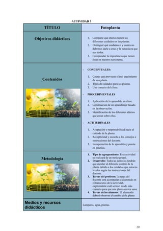 ACTIVIDAD 3
TÍTULO Fotoplanta
Objetivos didácticos 1. Comparar qué efectos tienen los
diferentes cuidados en las plantas.
2. Distinguir qué cuidados sí y cuáles no
debemos darle a estas y la naturaleza que
nos rodea.
3. Comprender la importancia que tienen
éstas en nuestro ecosistema.
Contenidos
- CONCEPTUALES:
1. Causas que provocan el mal crecimiento
de una planta.
2. Tipos de cuidados para las plantas.
3. Uso correcto del clima.
- PROCEDIMENTALES
1. Aplicación de lo aprendido en clase.
2. Construcción de un aprendizaje basado
en la observación.
3. Identificación de los diferentes efectos
que crean sobre ellas.
- ACTITUDINALES
1. Aceptación y responsabilidad hacia el
cuidado de la planta.
2. Receptividad y escucha a los consejos e
instrucciones del docente.
3. Incorporación de lo aprendido y puesta
en práctica.
Metodología
1. Tipo de agrupamiento: Esta actividad
se realizará de un modo grupal.
2. Desarrollo: Todos/as juntos/as tendrán
que atender al diferente cambio de la
planta debido a los cuidados que estos/as
les den según las instrucciones del
docente.
3. Tareas del profesor: La tarea del
docente será acompañar al alumnado en
el transcurso de la actividad,
explicándole cuál sería el modo más
correcto para que una planta crezca sana.
4. Tareas de los alumnos: El alumnado
deberá observar el cambio de la planta
Medios y recursos
didácticos
Lamparas, agua, plantas.
20
 