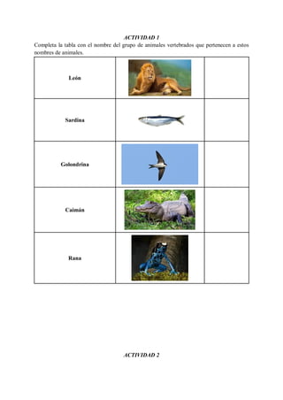 ACTIVIDAD 1
Completa la tabla con el nombre del grupo de animales vertebrados que pertenecen a estos
nombres de animales.
León
Sardina
Golondrina
Caimán
Rana
ACTIVIDAD 2
 