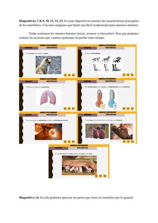 Diapositivas 7, 8, 9, 10, 11, 12, 13. En estas diapositivas tenemos las características principales
de los mamíferos. Con unas imágenes que harán una fácil comprensión para nuestros alumnos.
Todas contienen los mismos botones (inicio, avanzar y retroceder). Para que podamos
realizar las acciones que veamos oportunas sin perder tanto tiempo.
Diapositiva 14. En ella podemos apreciar las partes que tiene un mamífero por lo general.
 