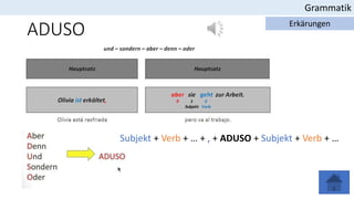 ADUSO
Grammatik
Erkärungen
Subjekt + Verb + … + , + ADUSO + Subjekt + Verb + …
 