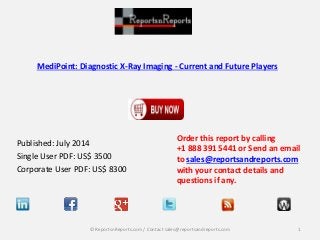 MediPoint: Diagnostic X-Ray Imaging - Current and Future Players
Published: July 2014
Single User PDF: US$ 3500
Corporate User PDF: US$ 8300
Order this report by calling
+1 888 391 5441 or Send an email
to sales@reportsandreports.com
with your contact details and
questions if any.
1© ReportsnReports.com / Contact sales@reportsandreports.com
 