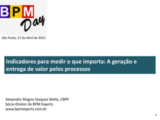 1I
Indicadores para medir o que importa: A geração e
entrega de valor pelos processos
Alexandre Magno Vazquez Mello, CBPP
Sócio-Diretor da BPM Experts
www.bpmexperts.com.br
São Paulo, 27 de Abril de 2015
 