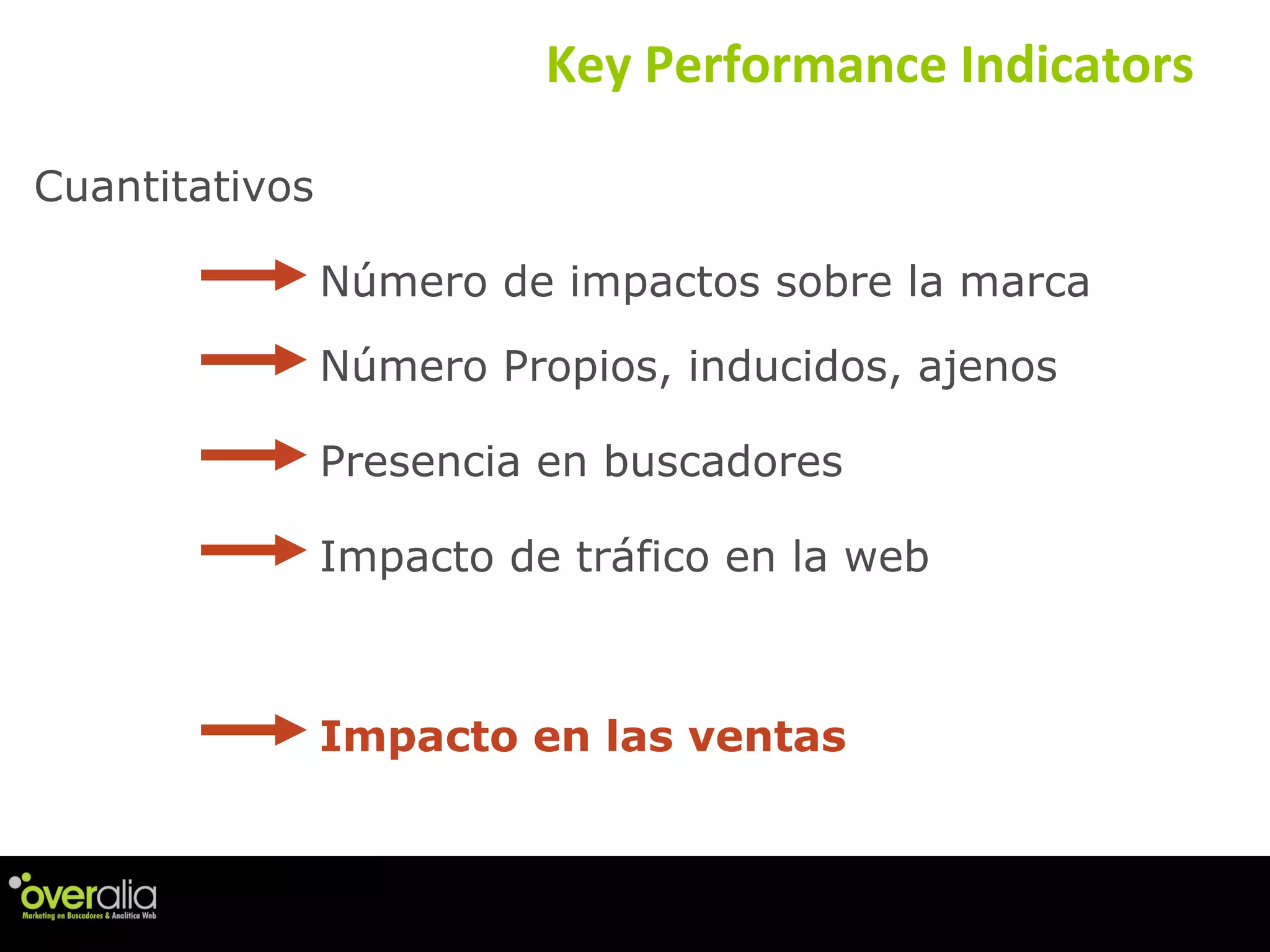 Key Performance Indicators Cuantitativos N úmero de impactos sobre la marca N úmero Propios, inducidos, ajenos Presencia en buscadores Impacto de tr áfico en la web Impacto en las ventas 