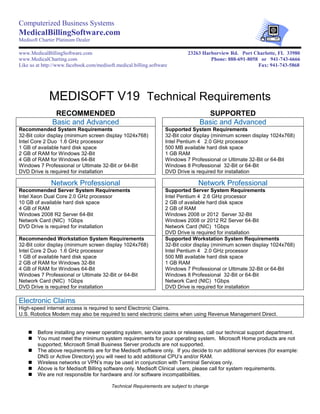 Computerized Business Systems

MedicalBillingSoftware.com
Medisoft Charter Platinum Dealer
www.MedicalBillingSoftware.com
www.MedicalCharting.com
Like us at http://www.facebook.com/medisoft.medical.billing.software

23263 Harborview Rd. Port Charlotte, FL 33980
Phone: 888-691-8058 or 941-743-6666
Fax: 941-743-5868

MEDISOFT V19 Technical Requirements
RECOMMENDED
Basic and Advanced
Recommended System Requirements
32-Bit color display (minimum screen display 1024x768)
Intel Core 2 Duo 1.6 GHz processor
1 GB of available hard disk space
2 GB of RAM for Windows 32-Bit
4 GB of RAM for Windows 64-Bit
Windows 7 Professional or Ultimate 32-Bit or 64-Bit
DVD Drive is required for installation

Network Professional
Recommended Server System Requirements
Intel Xeon Dual Core 2.0 GHz processor
10 GB of available hard disk space
4 GB of RAM
Windows 2008 R2 Server 64-Bit
Network Card (NIC) 1Gbps
DVD Drive is required for installation
Recommended Workstation System Requirements
32-Bit color display (minimum screen display 1024x768)
Intel Core 2 Duo 1.6 GHz processor
1 GB of available hard disk space
2 GB of RAM for Windows 32-Bit
4 GB of RAM for Windows 64-Bit
Windows 7 Professional or Ultimate 32-Bit or 64-Bit
Network Card (NIC) 1Gbps
DVD Drive is required for installation

SUPPORTED
Basic and Advanced
Supported System Requirements
32-Bit color display (minimum screen display 1024x768)
Intel Pentium 4 2.0 GHz processor
500 MB available hard disk space
1 GB RAM
Windows 7 Professional or Ultimate 32-Bit or 64-Bit
Windows 8 Professional 32-Bit or 64-Bit
DVD Drive is required for installation

Network Professional
Supported Server System Requirements
Intel Pentium 4 2.6 GHz processor
2 GB of available hard disk space
2 GB of RAM
Windows 2008 or 2012 Server 32-Bit
Windows 2008 or 2012 R2 Server 64-Bit
Network Card (NIC) 1Gbps
DVD Drive is required for installation
Supported Workstation System Requirements
32-Bit color display (minimum screen display 1024x768)
Intel Pentium 4 2.0 GHz processor
500 MB available hard disk space
1 GB RAM
Windows 7 Professional or Ultimate 32-Bit or 64-Bit
Windows 8 Professional 32-Bit or 64-Bit
Network Card (NIC) 1Gbps
DVD Drive is required for installation

Electronic Claims
High-speed internet access is required to send Electronic Claims.
U.S. Robotics Modem may also be required to send electronic claims when using Revenue Management Direct.







Before installing any newer operating system, service packs or releases, call our technical support department.
You must meet the minimum system requirements for your operating system. Microsoft Home products are not
supported; Microsoft Small Business Server products are not supported.
The above requirements are for the Medisoft software only. If you decide to run additional services (for example:
DNS or Active Directory) you will need to add additional CPU’s and/or RAM.
Wireless networks or VPN’s may be used in conjunction with Terminal Services only.
Above is for Medisoft Billing software only. Medisoft Clinical users, please call for system requirements.
We are not responsible for hardware and /or software incompatibilities.
Technical Requirements are subject to change

 