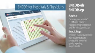 ENCOR for Hospitals & Physicians
Purpose
Captures your hospital’s
eCQMs and enables
electronic reporting to CMS
and The Joint Commission
How it Helps
Hospitals can easily monitor
their quality data and
successfully meet their
quality reporting
requirements.
ENCOR-eh
ENCOR-ep
 