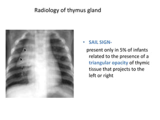 Radiology of thymus gland
Sail sign
• SAIL SIGN-
present only in 5% of infants
related to the presence of a
triangular opacity of thymic
tissue that projects to the
left or right
 