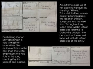 Establishing shot of
Katy dancing in a
field with glitter
around her. This
action match into the
next shot. The Glitter
emphasizes the Pop
side to the song
keeping it quite
upbeat and positive.

An extreme close up of
her opening her eyes as
she sings “kill me.”
This cuts into the camera
quickly panning across
the location she is in.
Jump cuts into the next
shot. Through out my
video there will be lots of
close ups referring to
Goodwins analysis “the
demands of the record
label will include lots of
close ups of the artist.”

 