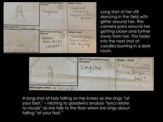 Long shot of her still
dancing in the field with
glitter around her. The
camera pans around her
getting closer and further
away from her. This fades
into the next shot of
candles burning in a dark
room.

A long shot of katy falling on her knees as she sings “at
your feet.” – relating to goodwins analysis “lyrics relate
to visuals” as she falls to the floor when she sings about
falling “at your feet.”

 
