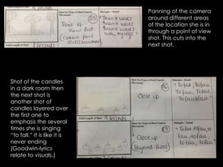 Panning of the camera
around different areas
of the location she is in
through a point of view
shot. This cuts into the
next shot.

Shot of the candles
in a dark room then
the next shot is
another shot of
candles layered over
the first one to
emphasis the several
times she is singing
“to fall.” It is like it is
never ending
(Goodwin-lyrics
relate to visuals.)

 