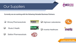 A LEGACY OF EXCELLENCE
Our Suppliers
 Shrooq Pharmaceuticals
 Route 2 Health
 Stallion Pharmaceuticals
Currently we are working with the following Valuable Business Partners:
 Highnoon Laboratories
 Inventia Healthcare
 