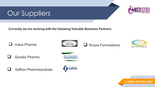 A LEGACY OF EXCELLENCE
Our Suppliers
 Indus Pharma
 Dynatis Pharma
 Saffron Pharmaceuticals
Currently we are working with the following Valuable Business Partners:
 Rivpra Formulations
 
