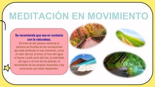 Se recomienda que sea en contacto
con la naturaleza.
Se trata de dar paseos mientras la
persona se focaliza en las sensaciones
que está sintiendo en ese momento, como
el calor del sol, la brisa, el roce del agua
si llueve o está cerca del mar, la salinidad
del agua o el roce de las plantas, el
movimiento de los propios músculos o las
emociones que éstas despiertan.
 