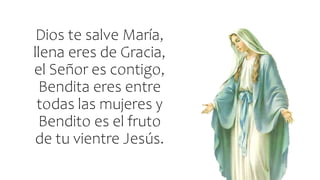 Dios te salve María,
llena eres de Gracia,
el Señor es contigo,
Bendita eres entre
todas las mujeres y
Bendito es el fruto
de tu vientre Jesús.
 