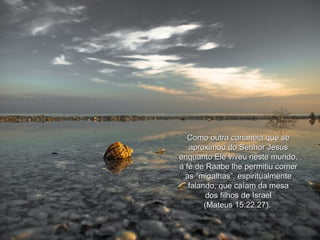 Como outra cananéia que se aproximou do Senhor Jesus enquanto Ele viveu neste mundo, a fé de Raabe lhe permitiu comer as “migalhas”, espiritualmente falando, que caíam da mesa dos filhos de Israel  (Mateus 15:22,27).  