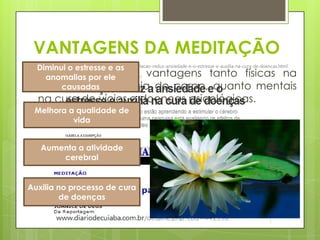 VANTAGENS DA MEDITAÇÃO
Diminui o estresse e as
 Aanomalias por ele traz vantagens tanto físicas na
meditação
melhora da fisiologia do corpo, quanto mentais
causadas

na cura de vícios e doenças psicológicas.

Melhora a qualidade de
vida

Aumenta a atividade
cerebral

Auxilia no processo de cura
de doenças

 