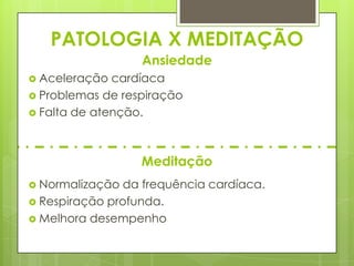PATOLOGIA X MEDITAÇÃO
Ansiedade
 Aceleração

cardíaca
 Problemas de respiração
 Falta de atenção.

Meditação
 Normalização

da frequência cardíaca.
 Respiração profunda.
 Melhora desempenho

 