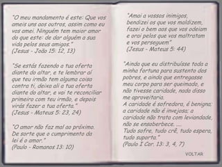 VOLTAR
“O meu mandamento é este: Que vos
ameis uns aos outros, assim como eu
vos amei. Ninguém tem maior amor
do que este: de dar alguém a sua
vida pelos seus amigos.”
(Jesus - João 15: 12, 13)
“Ainda que eu distribuísse toda a
minha fortuna para sustento dos
pobres, e ainda que entregasse
meu corpo para ser queimado, e
não tivesse caridade, nada disso
me aproveitaria.
A caridade é sofredora, é benigna;
a caridade não é invejosa; a
caridade não trata com leviandade,
não se ensoberbece. ....
Tudo sofre, tudo crê, tudo espera,
tudo suporta.”
(Paulo I Cor. 13: 3, 4, 7)
“Amai a vossos inimigos,
bendizei os que vos maldizem,
fazei o bem aos que vos odeiam
e orai pelos que vos maltratam
e vos perseguem”
(Jesus - Mateus 5: 44)
“O amor não faz mal ao próximo.
De sorte que o cumprimento da
lei é o amor.”
(Paulo - Romanos 13: 10)
“Se estás fazendo a tua oferta
diante do altar, e te lembrar aí
que teu irmão tem alguma coisa
contra ti, deixa ali a tua oferta
diante do altar, e vai te reconciliar
primeiro com teu irmão, e depois
virás fazer a tua oferta.”
(Jesus - Mateus 5: 23, 24)
 