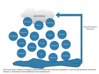 Ignorancia
Confusión
Miedo
Egoísmo
Celos Envidia
Vicios
Indecisión
Tristeza
Depresión
Enojo
Venganza
Rencor
Ira
Conﬂicto
Soberbia
Lujuria
“Estas emociones emergen sin esfuerzo cuando enfrentamos las condiciones apropiadas. Lo que sea que pensamos lo hacemos.
Nutrimos y alimentamos interminablemente esta manifestación”.
Retroalimentación
Feed back
Violencia
 