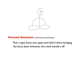 Focused Attention (cultivating concentration)
     Pick a spot, focus your gaze and hold it there, bringing
     the focus...