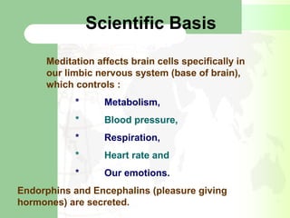 Scientific Basis
Meditation affects brain cells specifically in
our limbic nervous system (base of brain),
which controls :
* Metabolism,
* Blood pressure,
* Respiration,
* Heart rate and
* Our emotions.
Endorphins and Encephalins (pleasure giving
hormones) are secreted.
 