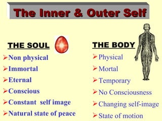 The Inner & Outer Self

 THE SOUL                 THE BODY
Non physical              Physical
Immortal                  Mortal
Eternal                   Temporary
Conscious                 No Consciousness
Constant self image       Changing self-image
Natural state of peace    State of motion
 