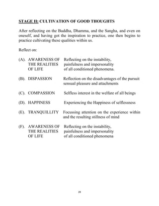28
STAGE II: CULTIVATION OF GOOD THOUGHTS
After reflecting on the Buddha, Dhamma, and the Sangha, and even on
oneself, and having got the inspiration to practice, one then begins to
practice cultivating these qualities within us.
Reflect on:
(A). AWARENESS OF Reflecting on the instability,
THE REALITIES painfulness and impersonality
OF LIFE of all conditioned phenomena.
(B). DISPASSION Reflection on the disadvantages of the pursuit
sensual pleasure and attachments
(C). COMPASSION Selfless interest in the welfare of all beings
(D). HAPPINESS Experiencing the Happiness of selflessness
(E). TRANQUILLITY Focussing attention on the experience within
and the resulting stillness of mind
(F). AWARENESS OF Reflecting on the instability,
THE REALITIES painfulness and impersonality
OF LIFE of all conditioned phenomena
 