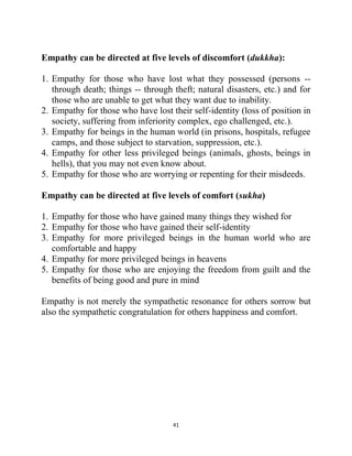 41
Empathy can be directed at five levels of discomfort (dukkha):
1. Empathy for those who have lost what they possessed (persons --
through death; things -- through theft; natural disasters, etc.) and for
those who are unable to get what they want due to inability.
2. Empathy for those who have lost their self-identity (loss of position in
society, suffering from inferiority complex, ego challenged, etc.).
3. Empathy for beings in the human world (in prisons, hospitals, refugee
camps, and those subject to starvation, suppression, etc.).
4. Empathy for other less privileged beings (animals, ghosts, beings in
hells), that you may not even know about.
5. Empathy for those who are worrying or repenting for their misdeeds.
Empathy can be directed at five levels of comfort (sukha)
1. Empathy for those who have gained many things they wished for
2. Empathy for those who have gained their self-identity
3. Empathy for more privileged beings in the human world who are
comfortable and happy
4. Empathy for more privileged beings in heavens
5. Empathy for those who are enjoying the freedom from guilt and the
benefits of being good and pure in mind
Empathy is not merely the sympathetic resonance for others sorrow but
also the sympathetic congratulation for others happiness and comfort.
 