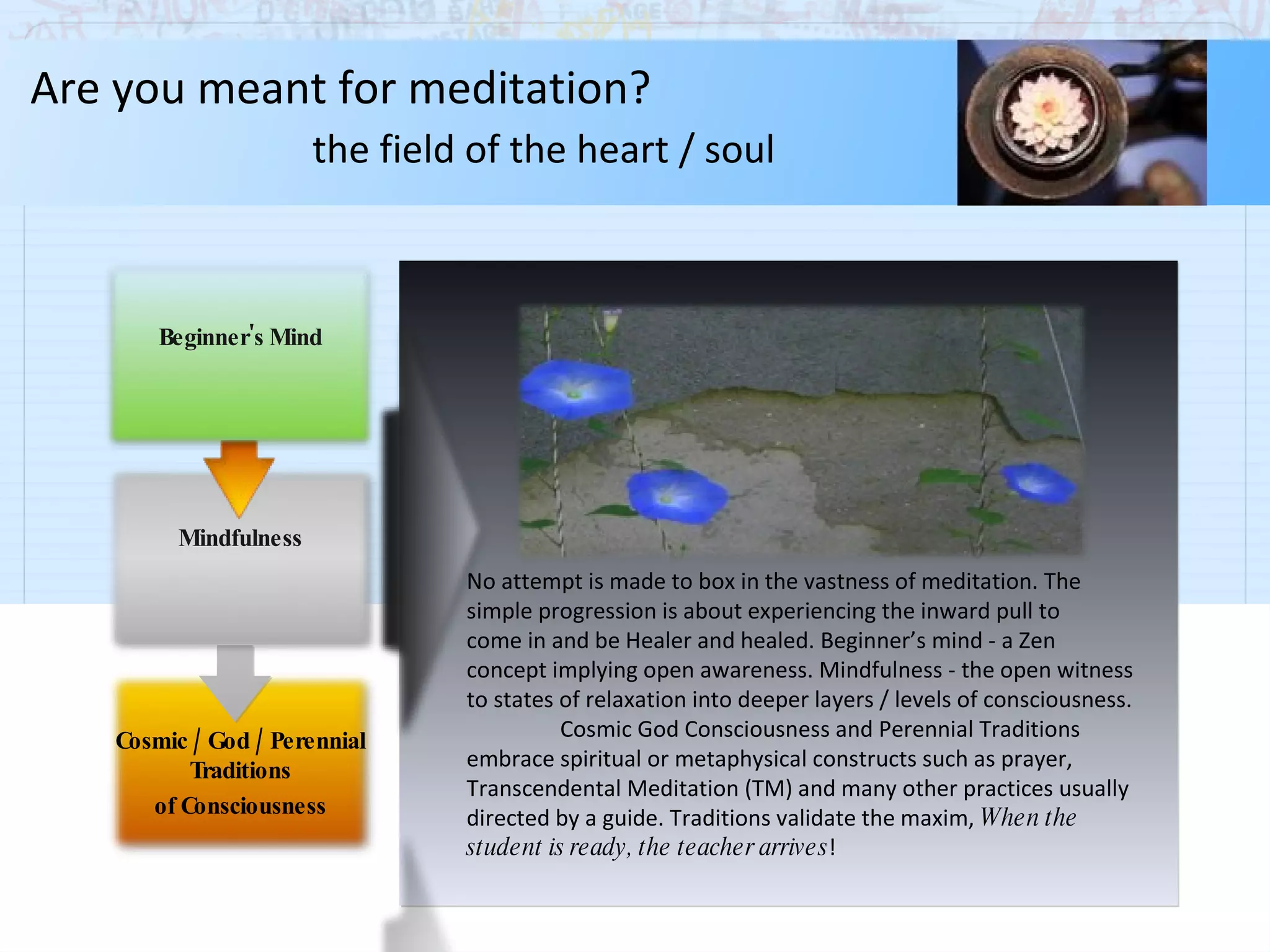 No attempt is made to box in the vastness of meditation. The simple progression is about experiencing the inward pull to come in and be Healer and healed. Beginner’s mind - a Zen  concept implying open awareness. Mindfulness - the open witness  to states of relaxation into deeper layers / levels of consciousness.  Cosmic God Consciousness and Perennial Traditions embrace spiritual or metaphysical constructs such as prayer, Transcendental Meditation (TM) and many other practices usually directed by a guide. Traditions validate the maxim,  When the student is ready, the teacher arrives ! Are you meant for meditation?    the field of the heart / soul Cosmic / God / Perennial Traditions of Consciousness Mindfulness Beginner's Mind 