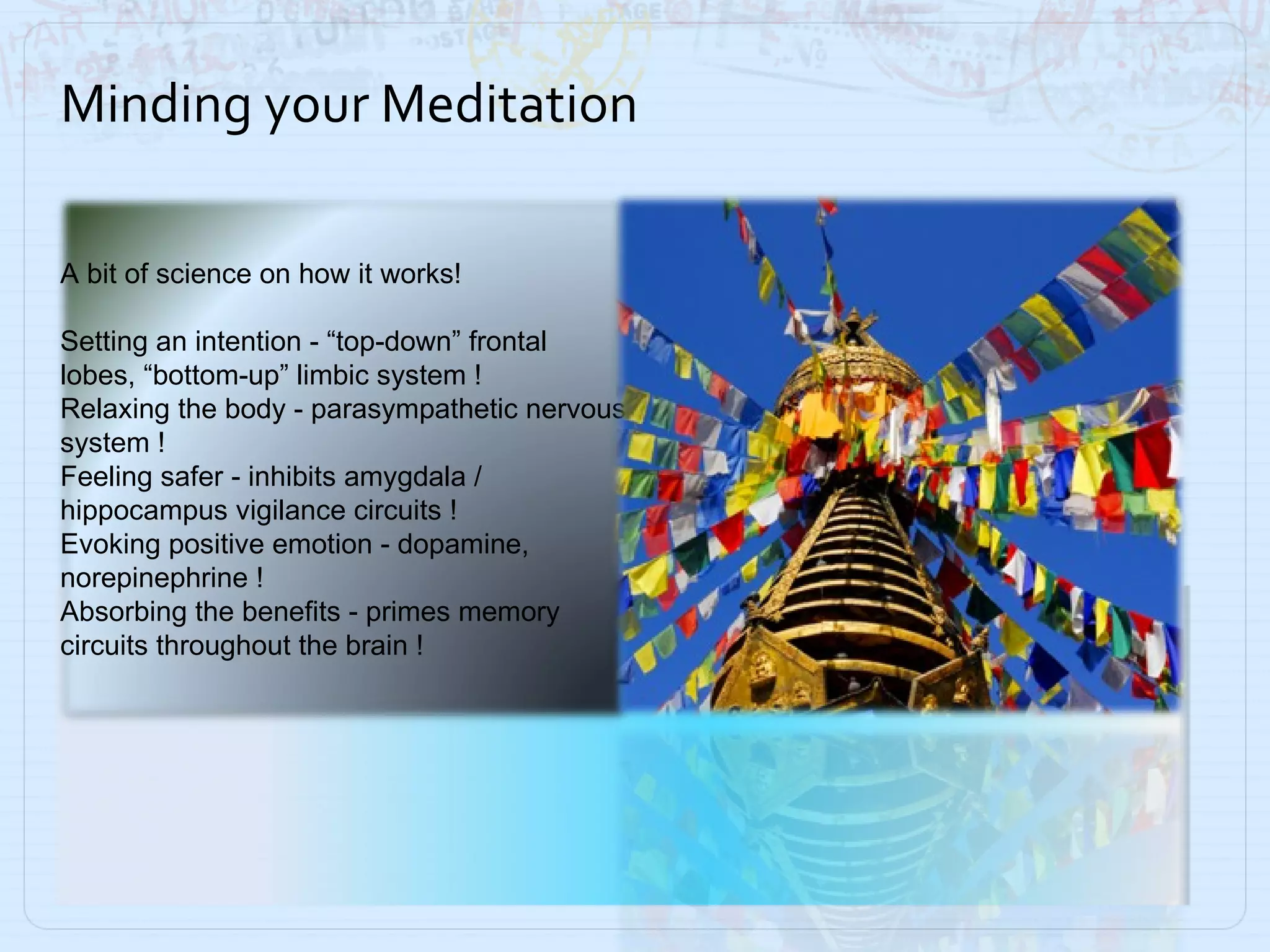 Minding your Meditation A bit of science on how it works! Setting an intention - “top-down” frontal lobes, “bottom-up” limbic system !  Relaxing the body - parasympathetic nervous system !    Feeling safer - inhibits amygdala / hippocampus vigilance circuits ! Evoking positive emotion - dopamine, norepinephrine ! Absorbing the benefits - primes memory circuits throughout the brain ! 