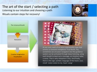 At our core, each of us carry a personality type that orients us towards metaphoric True North. Yes, sometimes we are poor navigators but the guidance system can be activated through deep listening, using each breath to beat out a message, an intuitive radar, a sonar. That is why relaxation is key. And finally, there is the sign, symbol, language of the heart, soul, mind!  Listen Listen to my  heart  song! The art of the start / selecting a path Listening to our intuition and choosing a path Rituals contain steps for recovery! Creative Imagination Visualization Relaxation The Universal Breath 