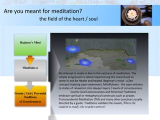 No attempt is made to box in the vastness of meditation. The simple progression is about experiencing the inward pull to come in and be Healer and healed. Beginner’s mind - a Zen  concept implying open awareness. Mindfulness - the open witness  to states of relaxation into deeper layers / levels of consciousness.  Cosmic God Consciousness and Perennial Traditions embrace spiritual or metaphysical constructs such as prayer, Transcendental Meditation (TM) and many other practices usually directed by a guide. Traditions validate the maxim,  When the student is ready, the teacher arrives ! Are you meant for meditation?    the field of the heart / soul Cosmic / God / Perennial Traditions of Consciousness Mindfulness Beginner's Mind 
