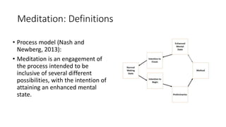 Meditation: Definitions
• Process model (Nash and
Newberg, 2013):
• Meditation is an engagement of
the process intended to be
inclusive of several different
possibilities, with the intention of
attaining an enhanced mental
state.
 