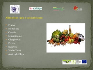 Alimentos  que a caracterizam Frutas  Hortaliças  Cereais Leguminosas Oleaginosas Peixes Iogurtes Vinho Tinto Azeite de Oliva 